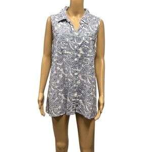 Dana Buchman Sleeveless Button Up Paisley Print Blue White Pocket Shirt Size XL